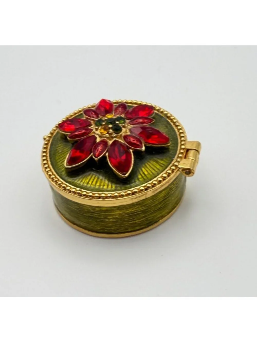 Christopher Radko Enamel Trinket Pill Box Red Poinsettia Flower Gold Tone Round